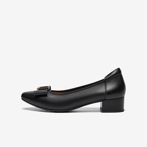 Bata浅口单鞋女2025春商场新款羊皮粗跟通勤蝴蝶结单鞋6296DAQ5