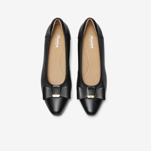 Bata浅口单鞋女2025春商场新款羊皮粗跟通勤蝴蝶结单鞋6296DAQ5