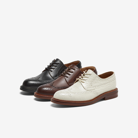 Bata英伦布洛克女2025春商场新款牛皮单鞋RED LABEL红标15511AM5