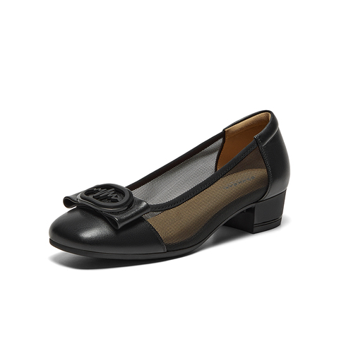 Bata浅口单鞋女2025夏季新款通勤粗跟羊皮透气优雅奶奶鞋88161BQ5