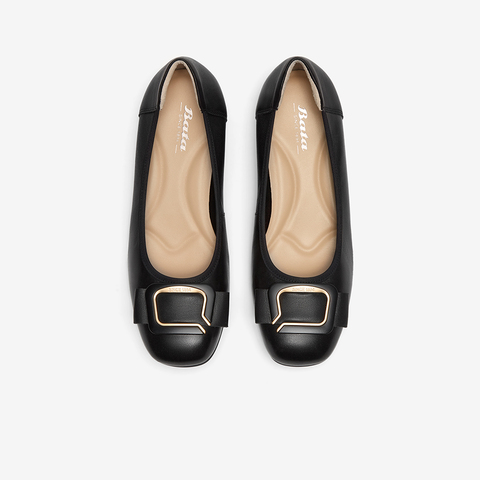 Bata浅口单鞋女2025春商场新款羊皮粗跟通勤方扣软底单鞋AOX12AQ5