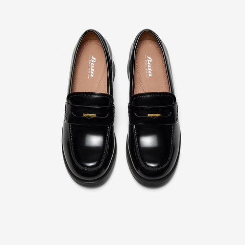 Bata乐福鞋女2025秋商场新款复古英伦风牛皮通勤粗跟单鞋UHW05CA5