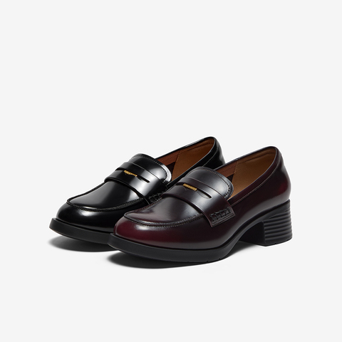 Bata乐福鞋女2025秋商场新款复古英伦风牛皮通勤粗跟单鞋UHW05CA5