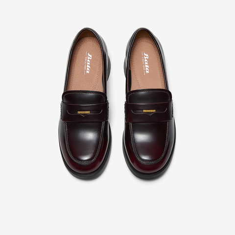 Bata乐福鞋女2025秋商场新款复古英伦风牛皮通勤粗跟单鞋UHW05CA5