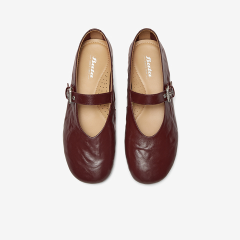 Bata玛丽珍女2025春季新款复古抓纹羊皮软底通勤单鞋AUO01AQ5