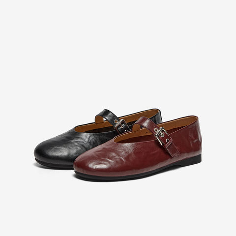 Bata玛丽珍女2025春季新款复古抓纹羊皮软底通勤单鞋AUO01AQ5