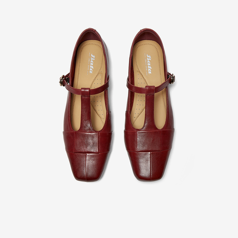 Bata玛丽珍女2025秋季商场新款牛皮复古软底通勤丁字单鞋56011CQ5