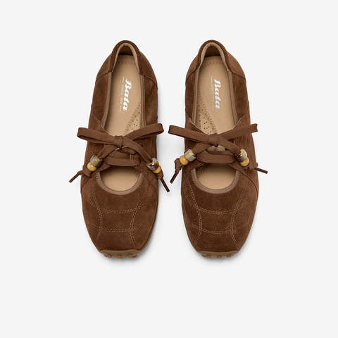 Bata休闲玛丽珍2025秋季商场新款牛剖皮浅口豆豆底单鞋ABI01CQ5