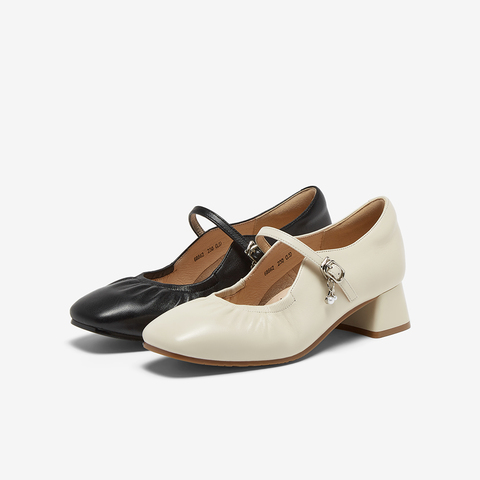 Bata玛丽珍女202秋季商场新款羊皮法式通勤百搭粗跟浅口鞋68862CQ5