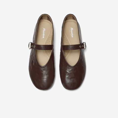 Bata羊皮书玛丽珍单鞋女2025秋商场新款复古软底浅口鞋AUO01CQ5