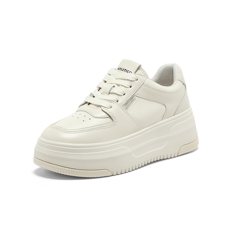 Bata小魔镜女2025秋季新款牛皮通勤休闲厚底擦色小白鞋UEN16CM5