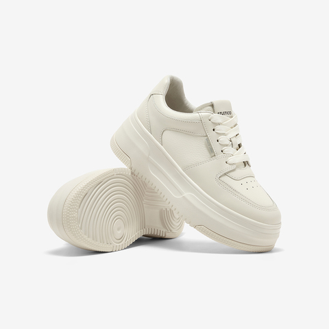 Bata小魔镜女2025秋季新款牛皮通勤休闲厚底擦色小白鞋UEN16CM5