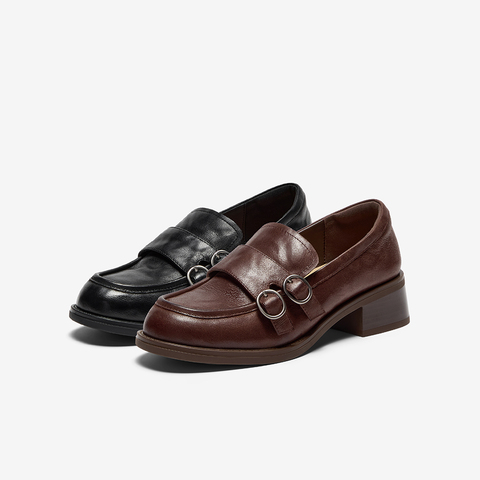 Bata乐福鞋女2025秋季新款复古英伦风牛皮通勤粗跟单鞋51536CA5