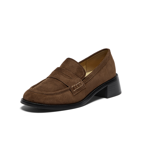 Bata乐福鞋女2025秋羊皮抓纹粗跟舒适英伦通勤一脚蹬单鞋63051CA5