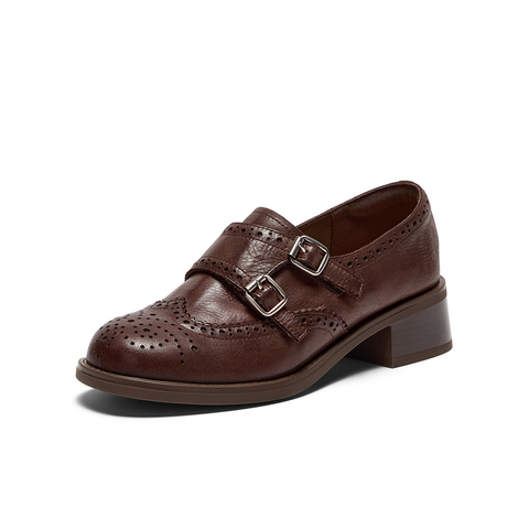 Bata乐福鞋女2025秋季新款复古布洛克牛皮通勤粗跟单鞋51539CM5