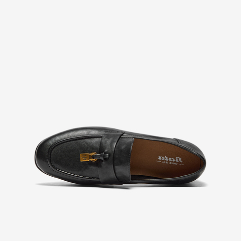 Bata乐福鞋女2025秋季新款复古英伦风牛皮通勤粗跟单鞋23018CA5