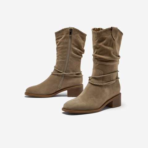 Bata西部靴女2025冬商场新款羊皮百搭复古时尚长筒时装靴ATO47DS5