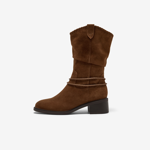 Bata西部靴女2025冬商场新款羊皮百搭复古时尚长筒时装靴ATO47DS5