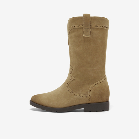 Bata西部靴女2025冬季商场新款牛剖皮复古擦色软底牛仔靴67011DS5