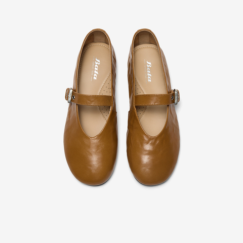 Bata羊皮书玛丽珍单鞋女2025秋商场新款复古软底浅口鞋AUO01CQ5