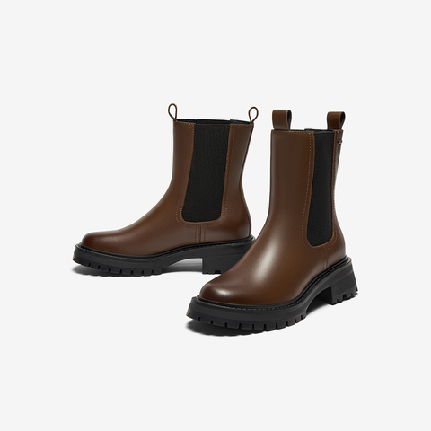 Bata切尔西靴女2025冬季商场新款牛皮英伦粗跟通勤短筒靴WIG26DZ5