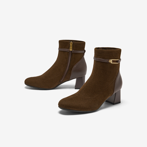 Bata时装靴女2025冬季商场新款羊皮软底通勤粗跟短筒靴ALV57DD5