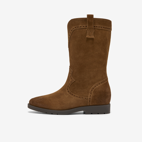 Bata西部靴女2025冬季商场新款牛剖皮复古擦色软底牛仔靴67011DS5