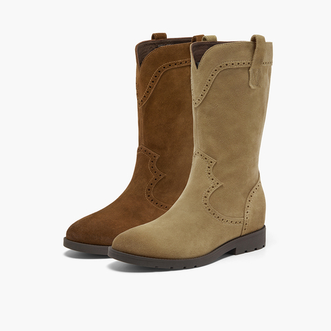 Bata西部靴女2025冬季商场新款牛剖皮复古擦色软底牛仔靴67011DS5