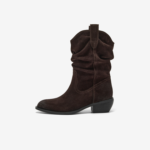 Bata西部靴女2025冬新款牛剖皮百搭复古牛仔时装堆堆靴66182DZ5