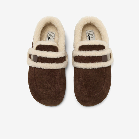 Bata勃肯毛毛鞋女2025秋商场新款英伦牛剖皮通勤保暖单鞋AUH18CM5