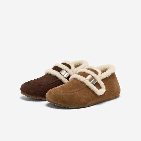 Bata勃肯毛毛鞋女2025秋商场新款英伦牛剖皮通勤保暖单鞋AUH18CM5