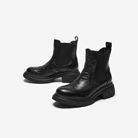 Bata切尔西靴女2025冬商场新款英伦风牛皮粗跟通勤短筒靴UWL04DD5