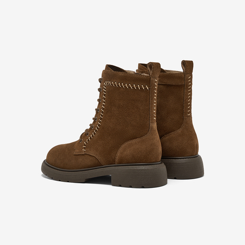 Bata英伦马丁靴女2025冬新款牛剖皮粗跟绒面百搭短筒靴AD745DD5