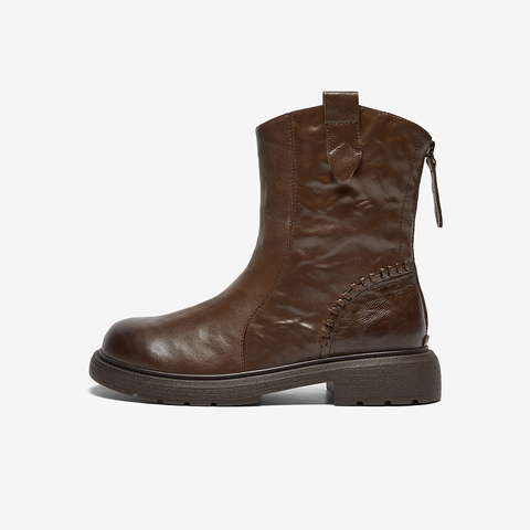 Bata时装靴女2025冬季商场新款百搭羊皮通勤粗跟短筒靴AD743DZ5