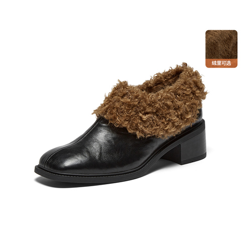 Bata深口鞋女2025冬季商场新款软底复古羊皮粗跟毛毛单鞋ATO15DM5