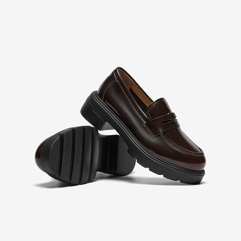 Bata乐福鞋女2025秋商场新款复古英伦风牛皮通勤粗跟单鞋UUJ06CA5