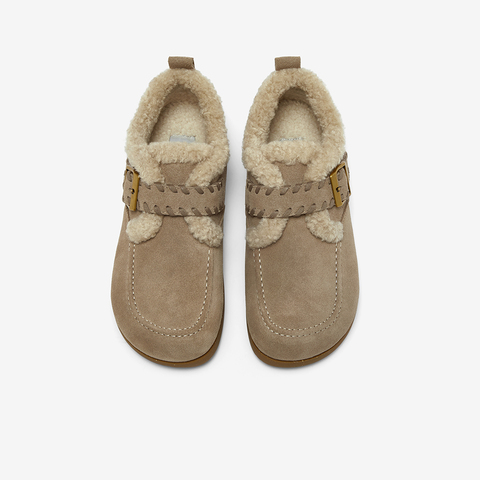 Bata勃肯毛毛鞋女2025冬商场新款英伦牛剖皮通勤保暖单鞋30922DM5