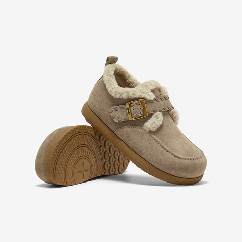 Bata勃肯毛毛鞋女2025冬商场新款英伦牛剖皮通勤保暖单鞋30922DM5