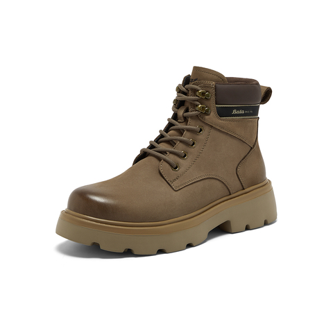Bata工装靴男2025冬季商场新款牛皮厚底马丁靴复古大黄靴35697DD5