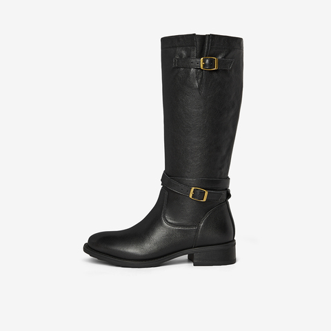 Bata西部靴女2025冬季商场新款牛剖皮粗跟显瘦长筒牛仔靴51052DG5