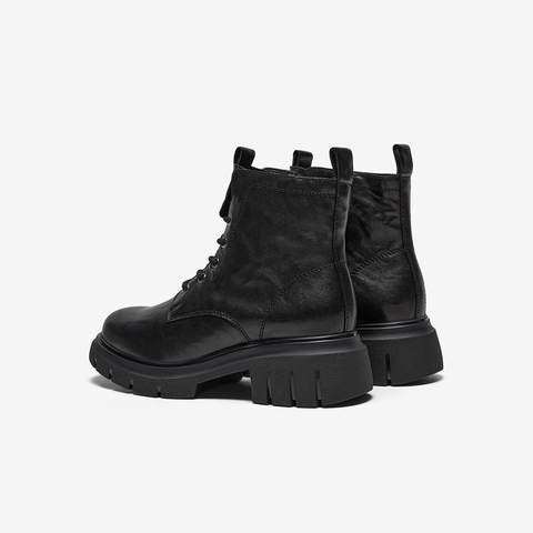 Bata英伦马丁靴女2025冬商场新款牛皮粗跟百搭纹理短筒靴UWL02DD5