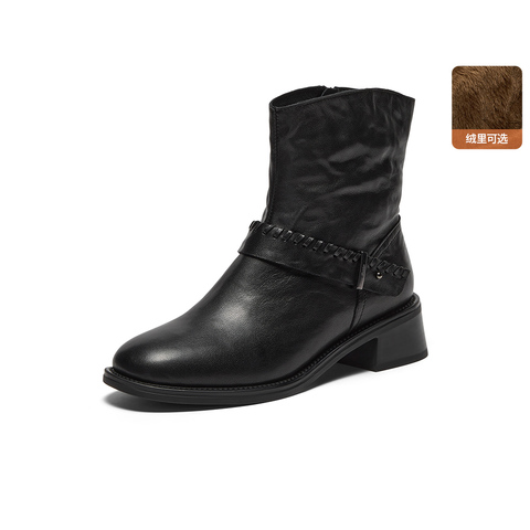 Bata时装靴女2025冬商场新款抓纹羊皮通勤百搭粗跟短筒靴23801DD5