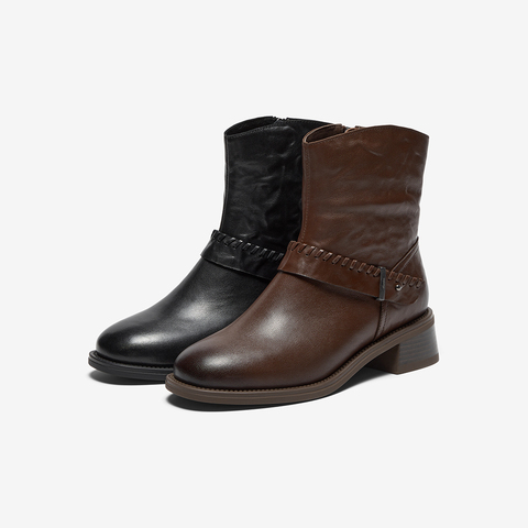 Bata时装靴女2025冬商场新款抓纹羊皮通勤百搭粗跟短筒靴23801DD5