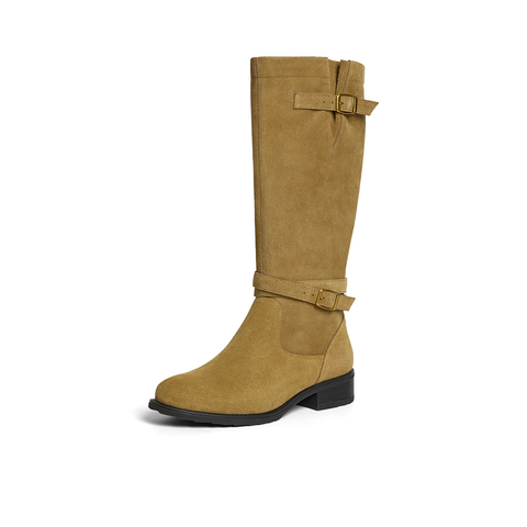 Bata西部靴女2025冬季商场新款牛剖皮粗跟显瘦长筒牛仔靴51052DG5