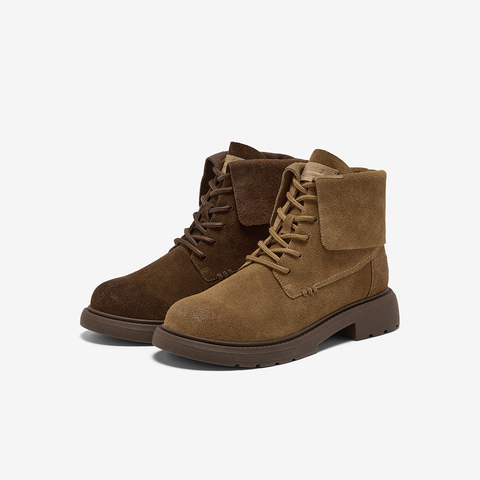 Bata英伦马丁靴女2025冬商场新款牛剖皮粗跟绒面短靴AD742DD5