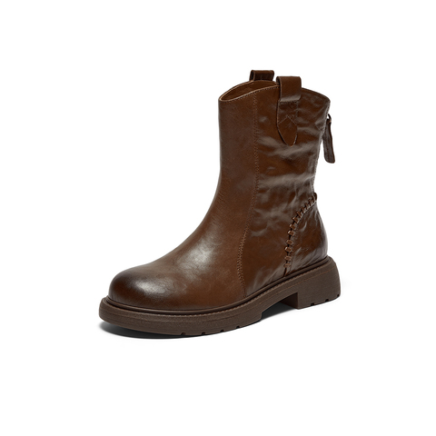 Bata时装靴女2025冬季商场新款百搭羊皮通勤粗跟短筒靴AD743DZ5