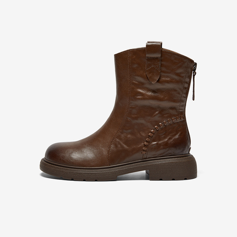 Bata时装靴女2025冬季商场新款百搭羊皮通勤粗跟短筒靴AD743DZ5