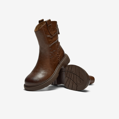 Bata时装靴女2025冬季商场新款百搭羊皮通勤粗跟短筒靴AD743DZ5