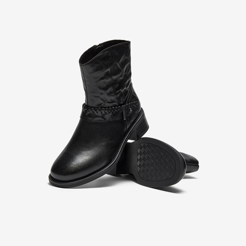 Bata时装靴女2025冬商场新款抓纹羊皮通勤百搭粗跟短筒靴23801DD5