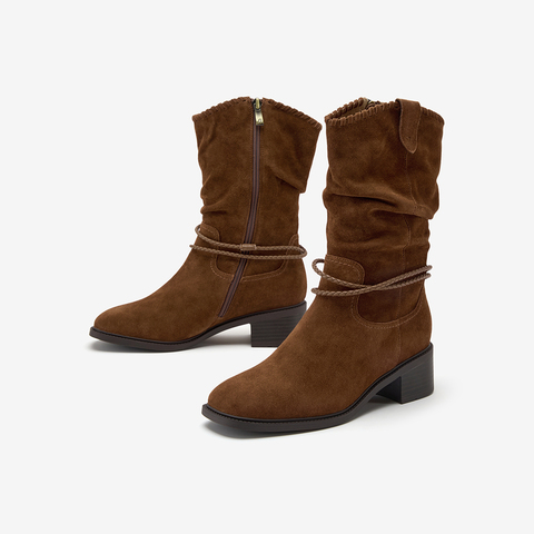 Bata西部靴女2025冬商场新款羊皮百搭复古时尚长筒时装靴ATO47DS5